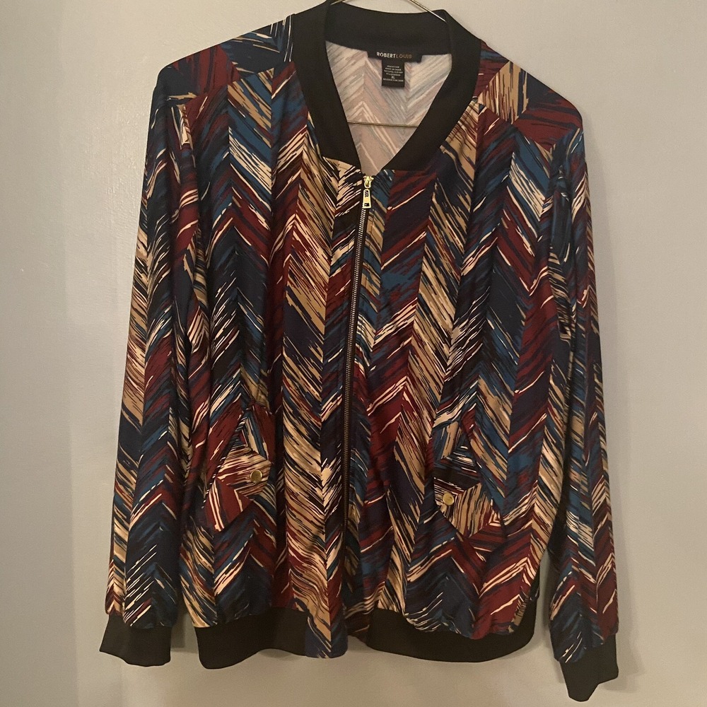 Robert Louis Geometric Print Black Lightweight Silky Bomber Zip Jacket XL